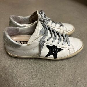 Golden Goose Superstar Sneakers White Leather with Black Glitter Star, 38